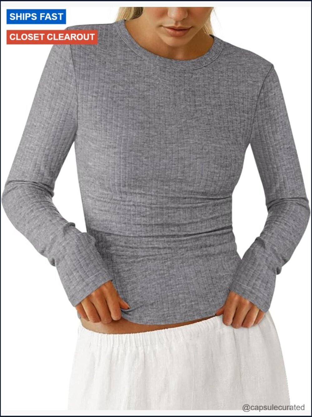 Ribbed Knit Long Sleeve Fitted Tee Crew Neck Basic Tops for Women Fall Winter